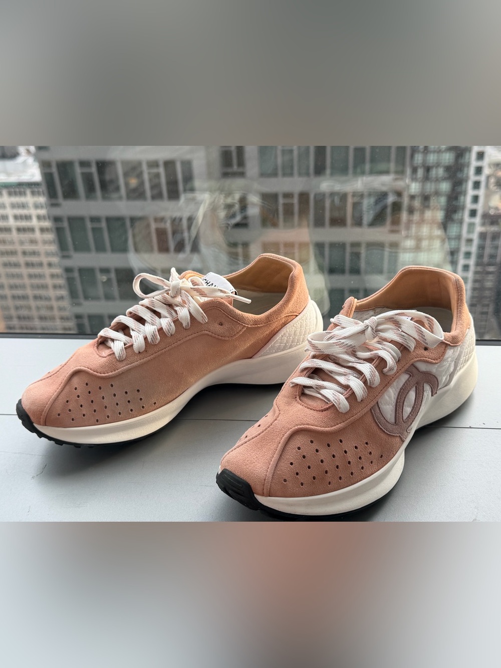CHANEL Women's Suede Sneakers in Blush Pink and Cream